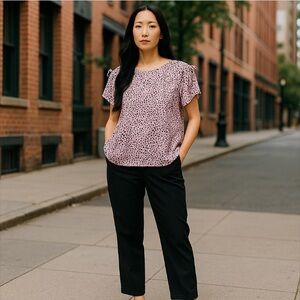 -Cabi Seaside Top #5980 Pink Animal Print Tie Short Sleeve Blouse Somens Size S